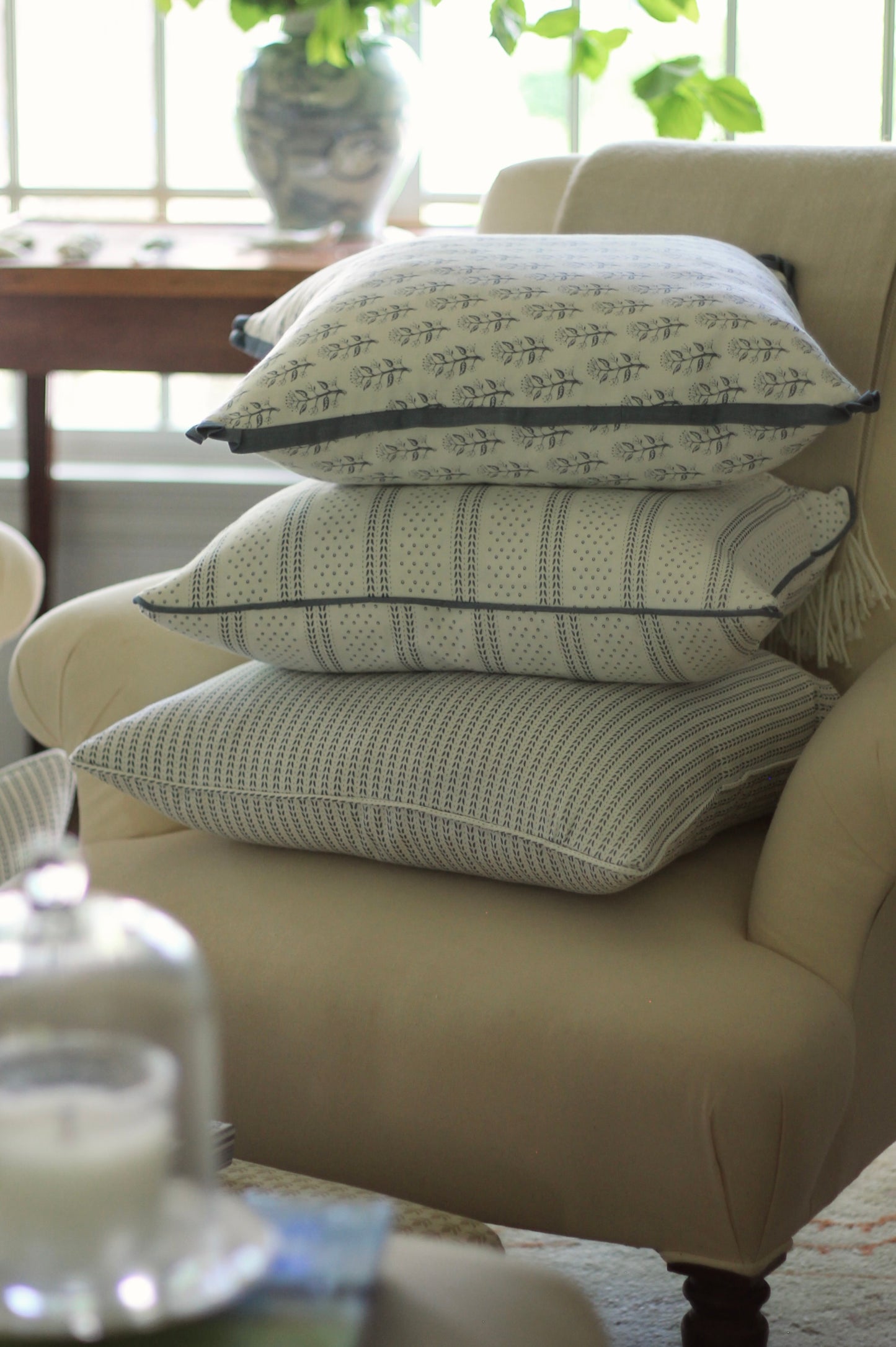 Dot & Leaf Ticking Pillow Covers in Navy | 3 sizes