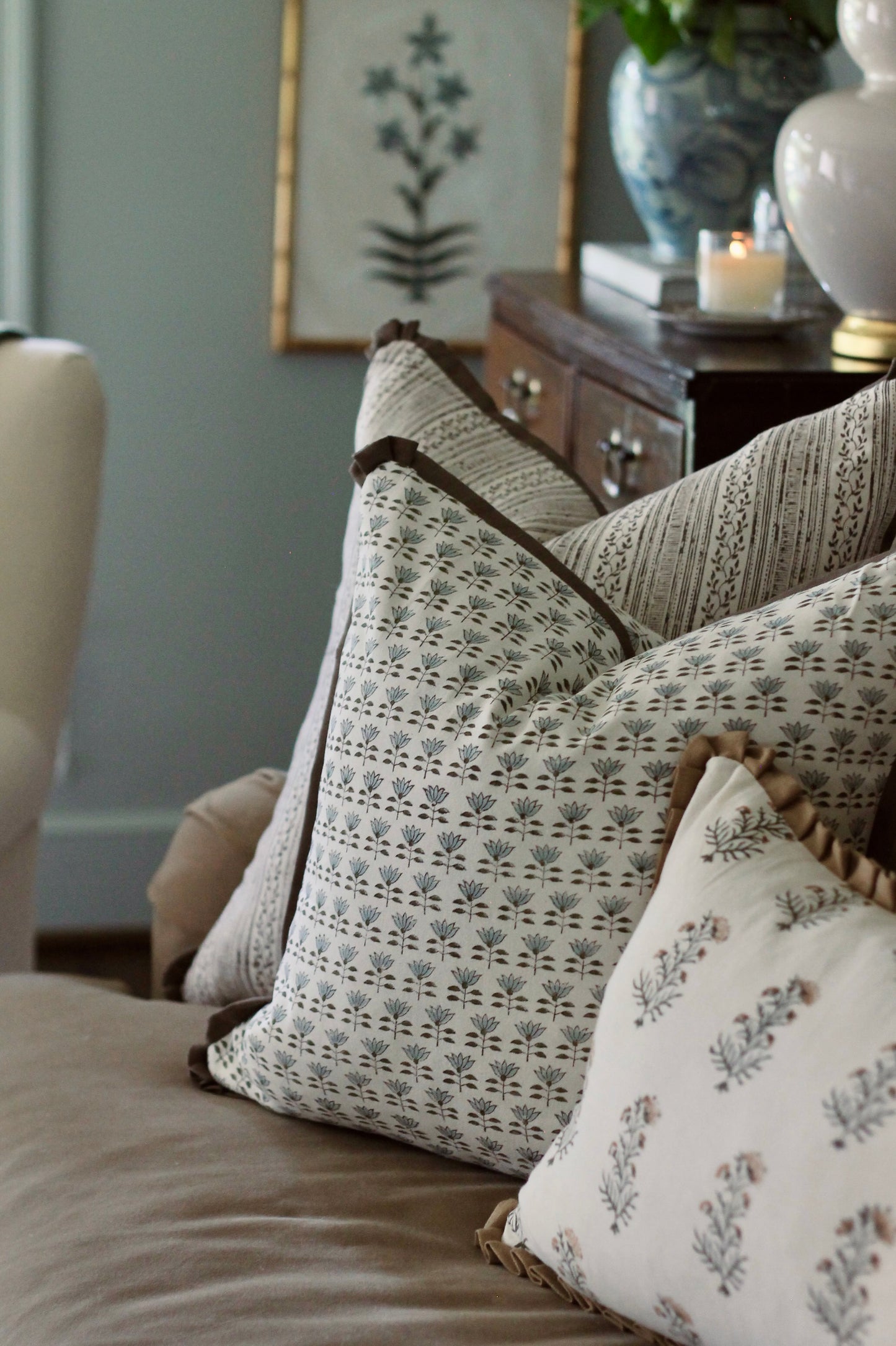 Mone' Pillow Covers | 3 Sizes, English Blue & Walnut