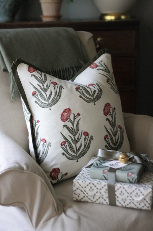 Amanda Pillow Covers | Red & Moss Trim