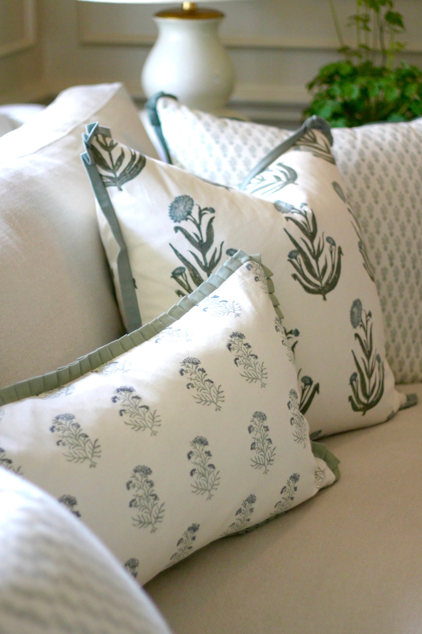 Charlotte in Blue Pillow Covers | Sage Trim