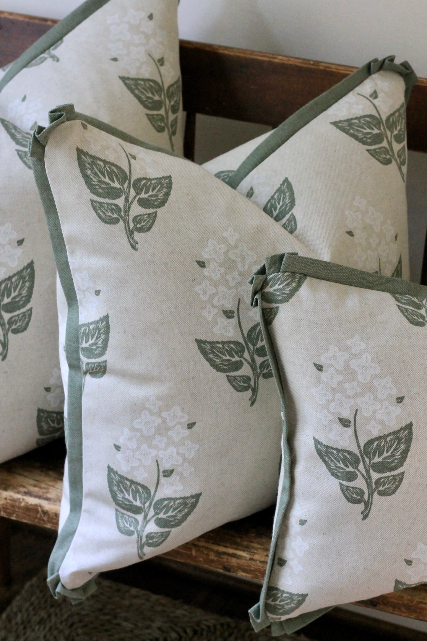 Hydrangea Flower Linen Covers with Spruce Green Flange | 3 sizes