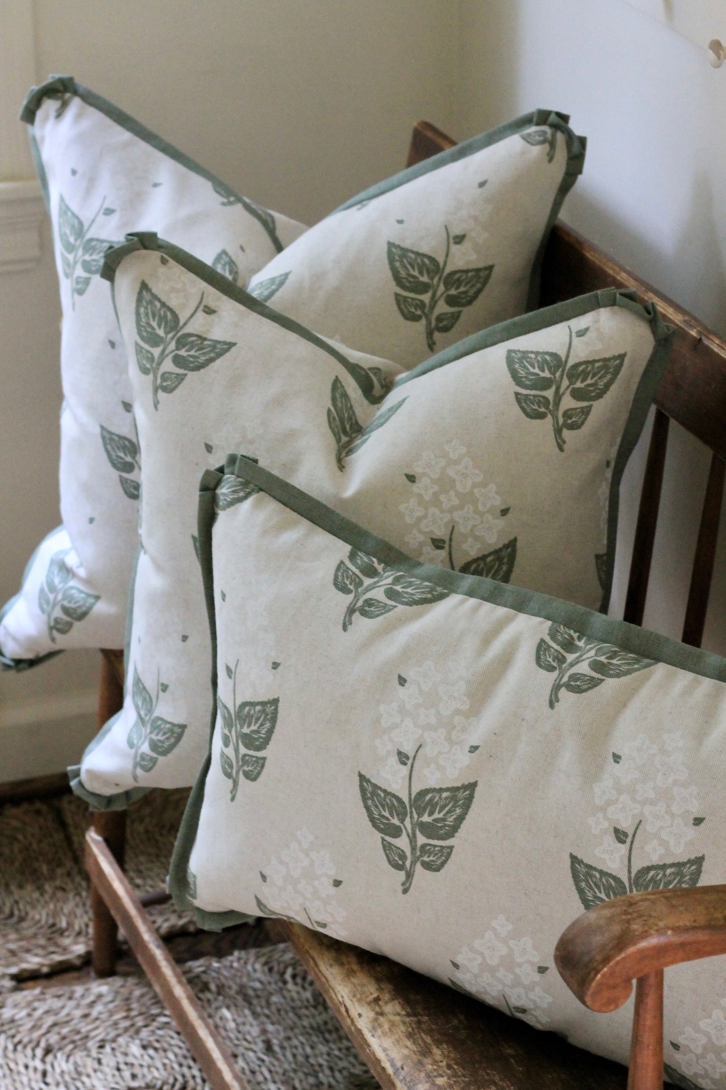 Hydrangea Flower Linen Covers with Spruce Green Flange | 3 sizes
