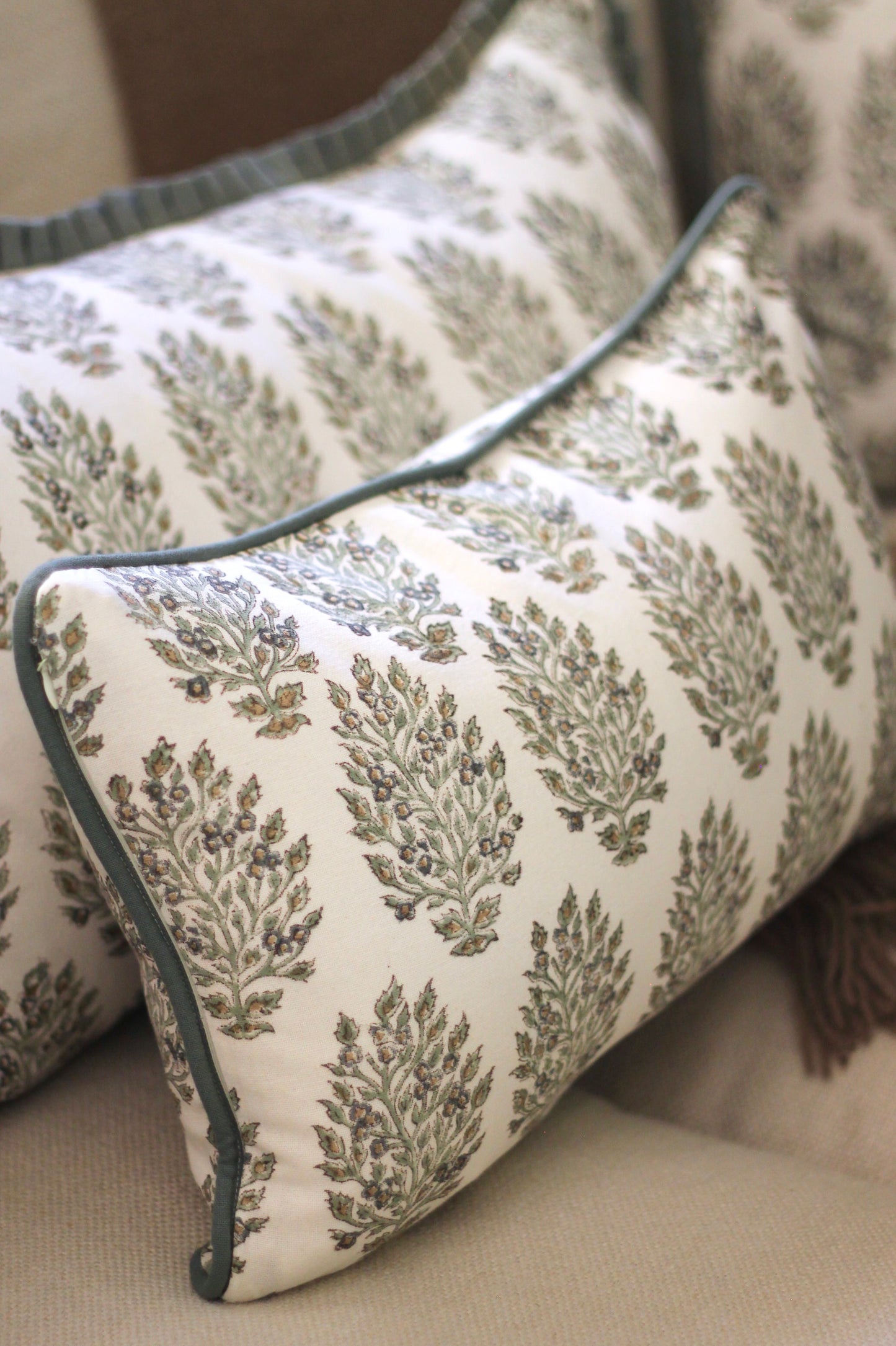 Hydrangea in Slate Pillow Covers with Green Piping | 3 sizes