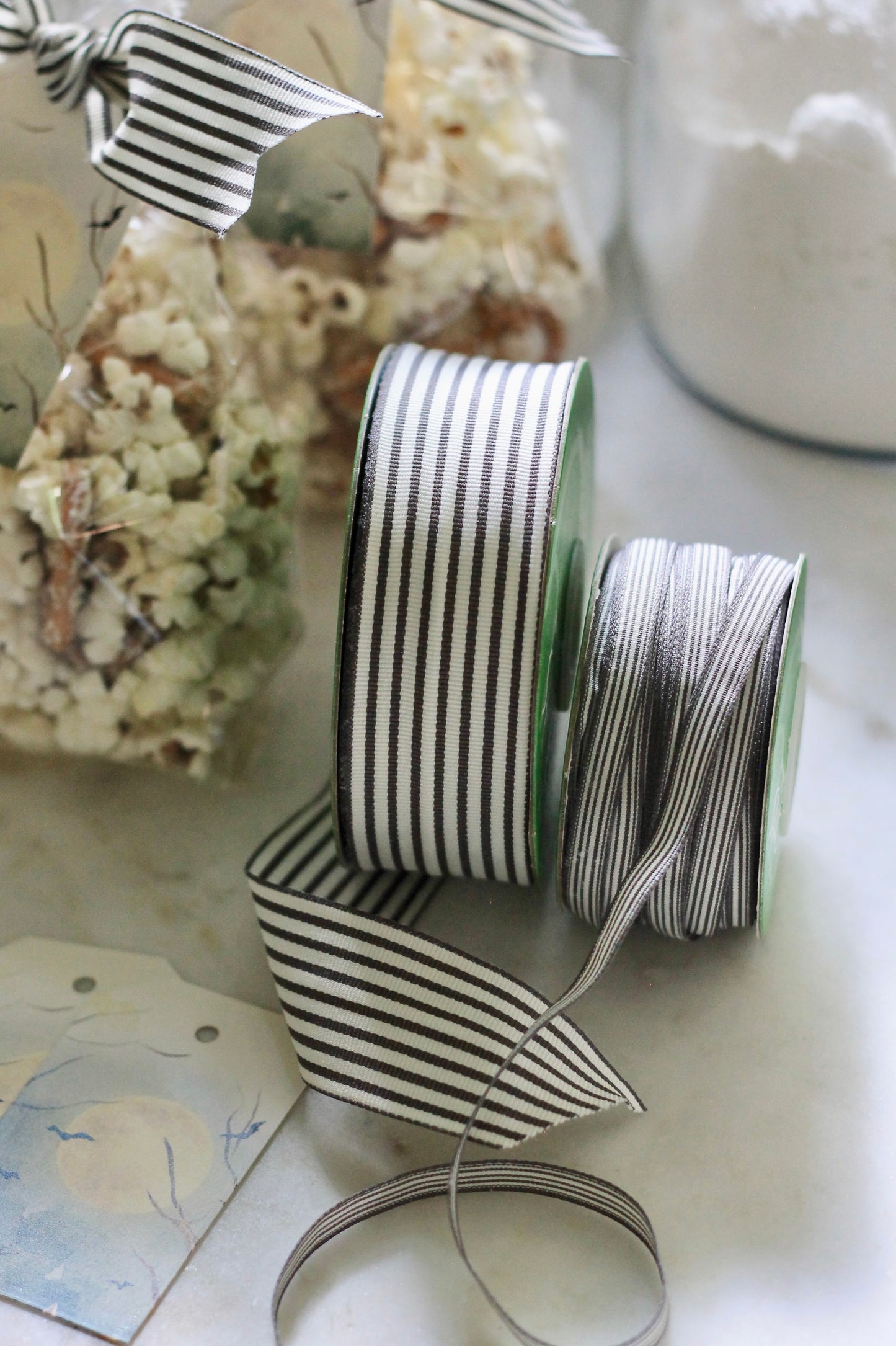 Charcoal and White Stripe Ribbon | 2 Sizes