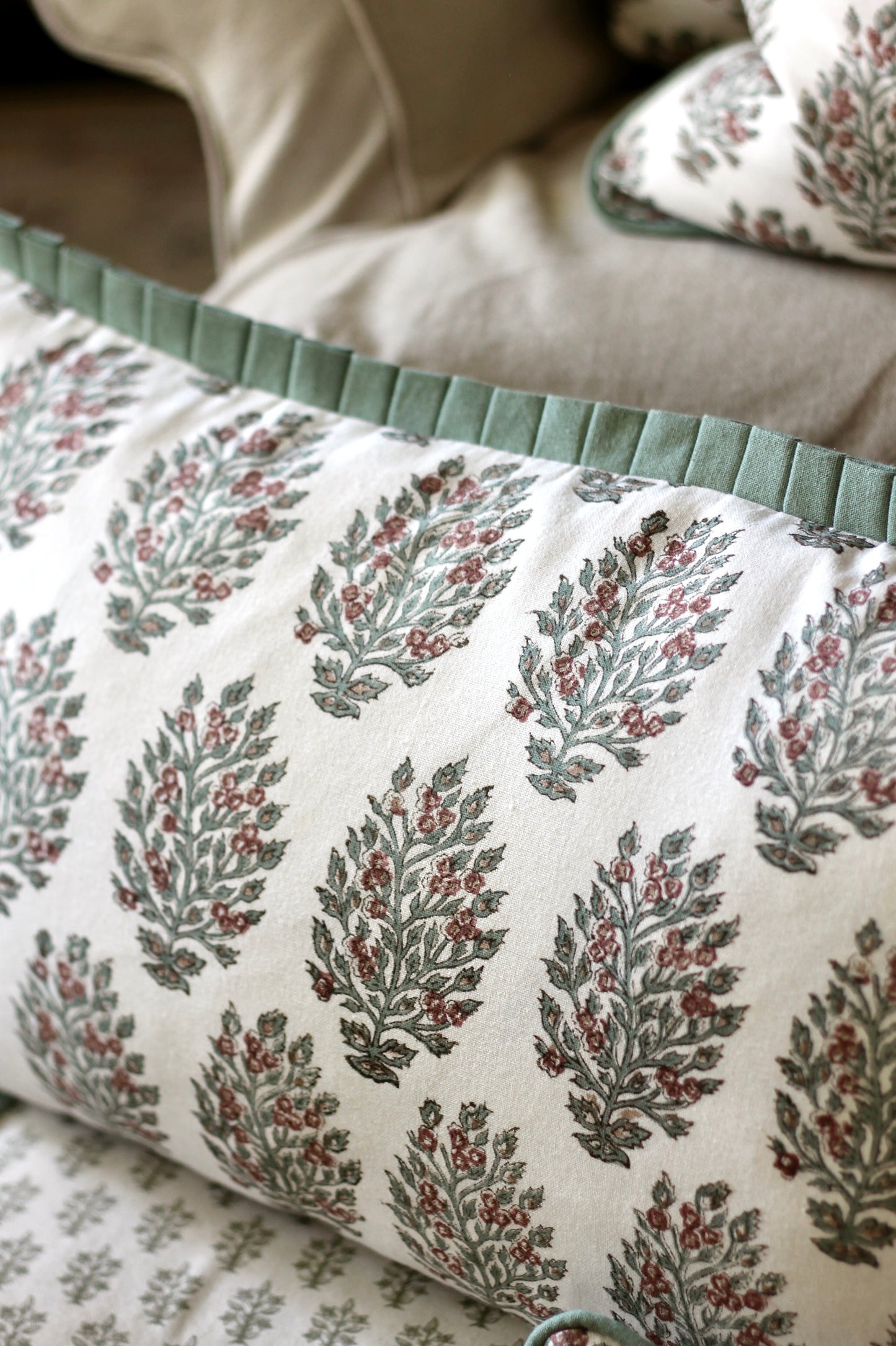 Hydrangea in Red Pillow Covers | Green Trim