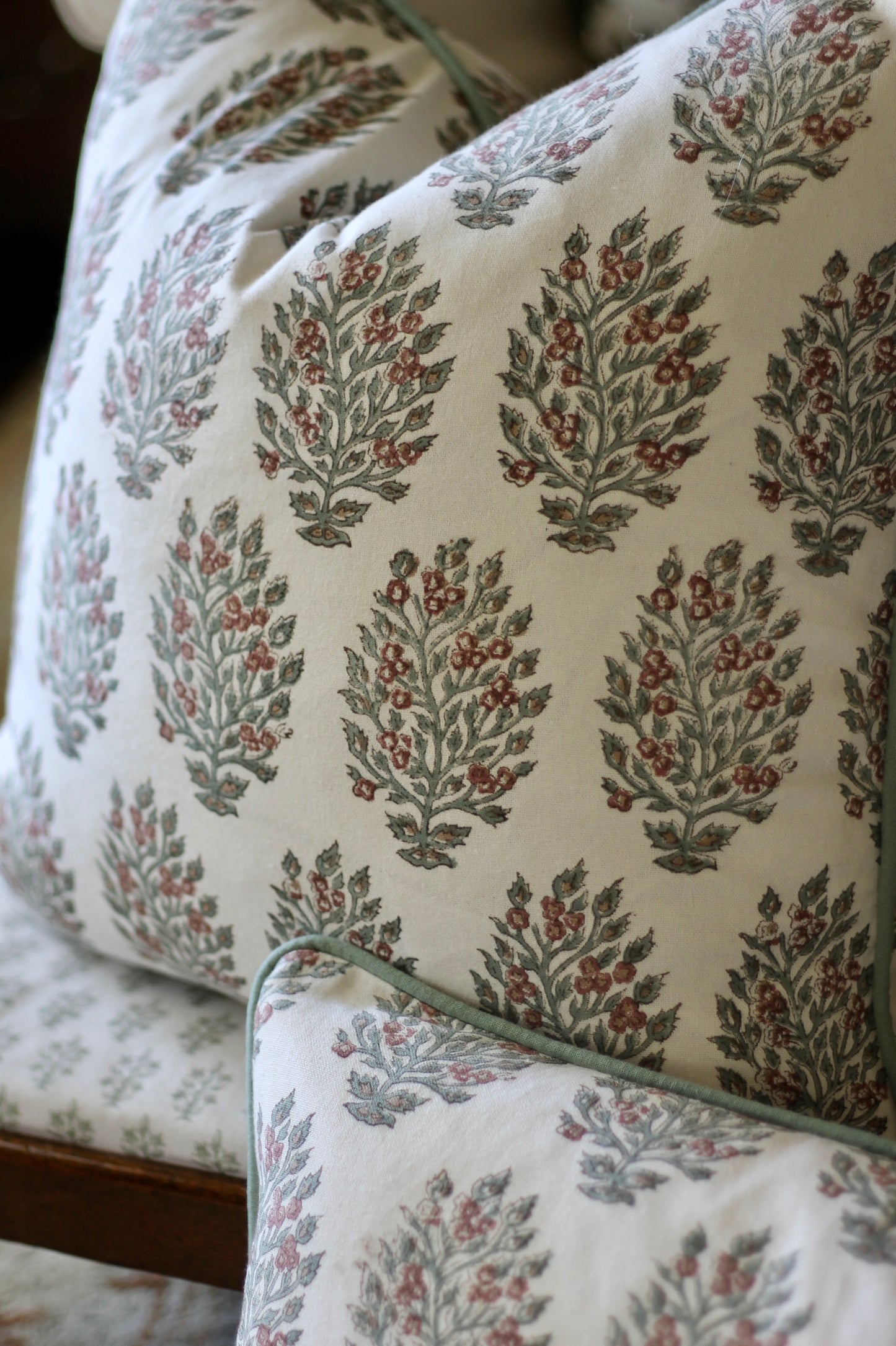 Hydrangea in Red Pillow Covers | Green Trim