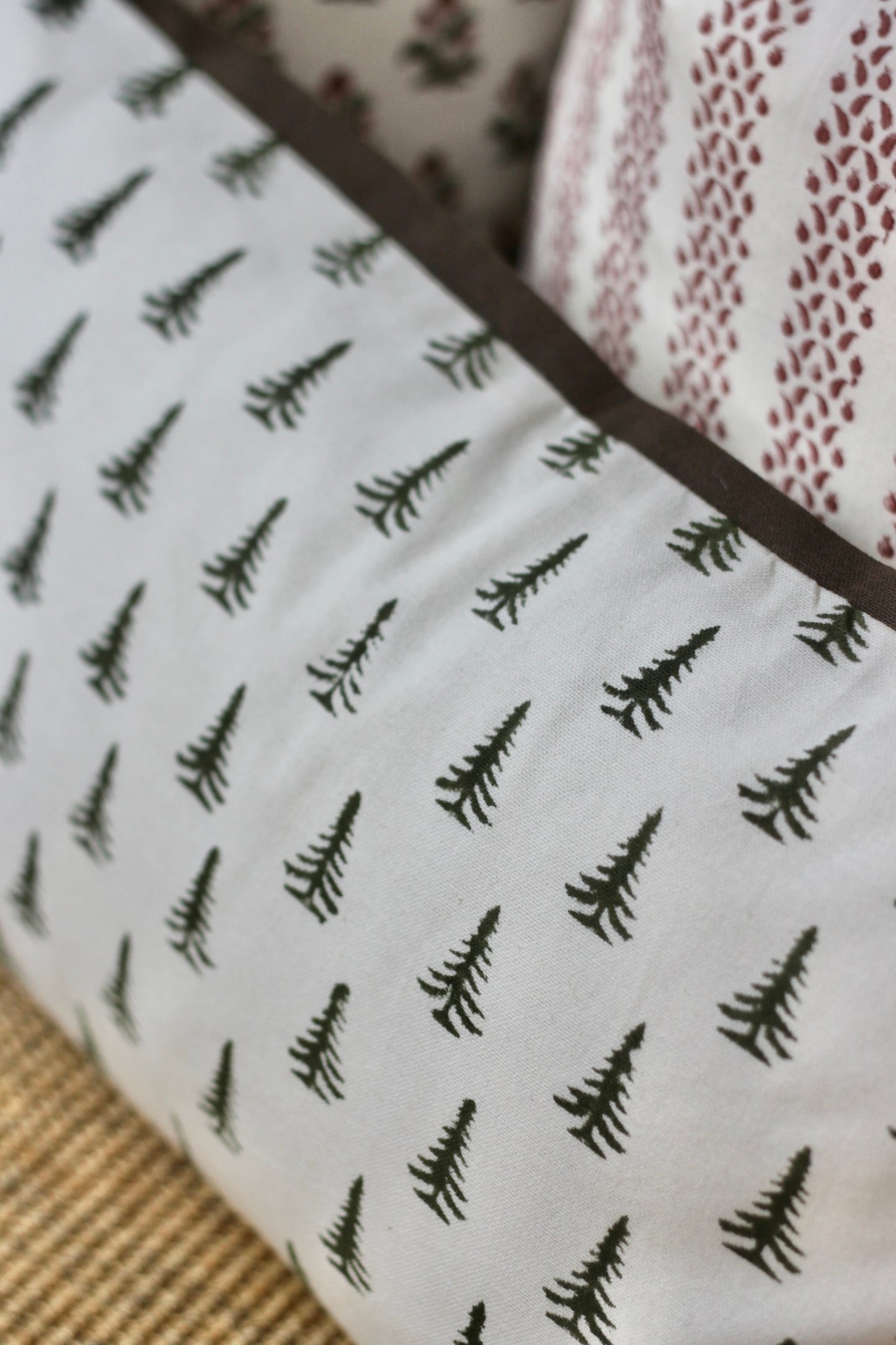 Petite Green Tree Pillows with Oak Stripe Backing