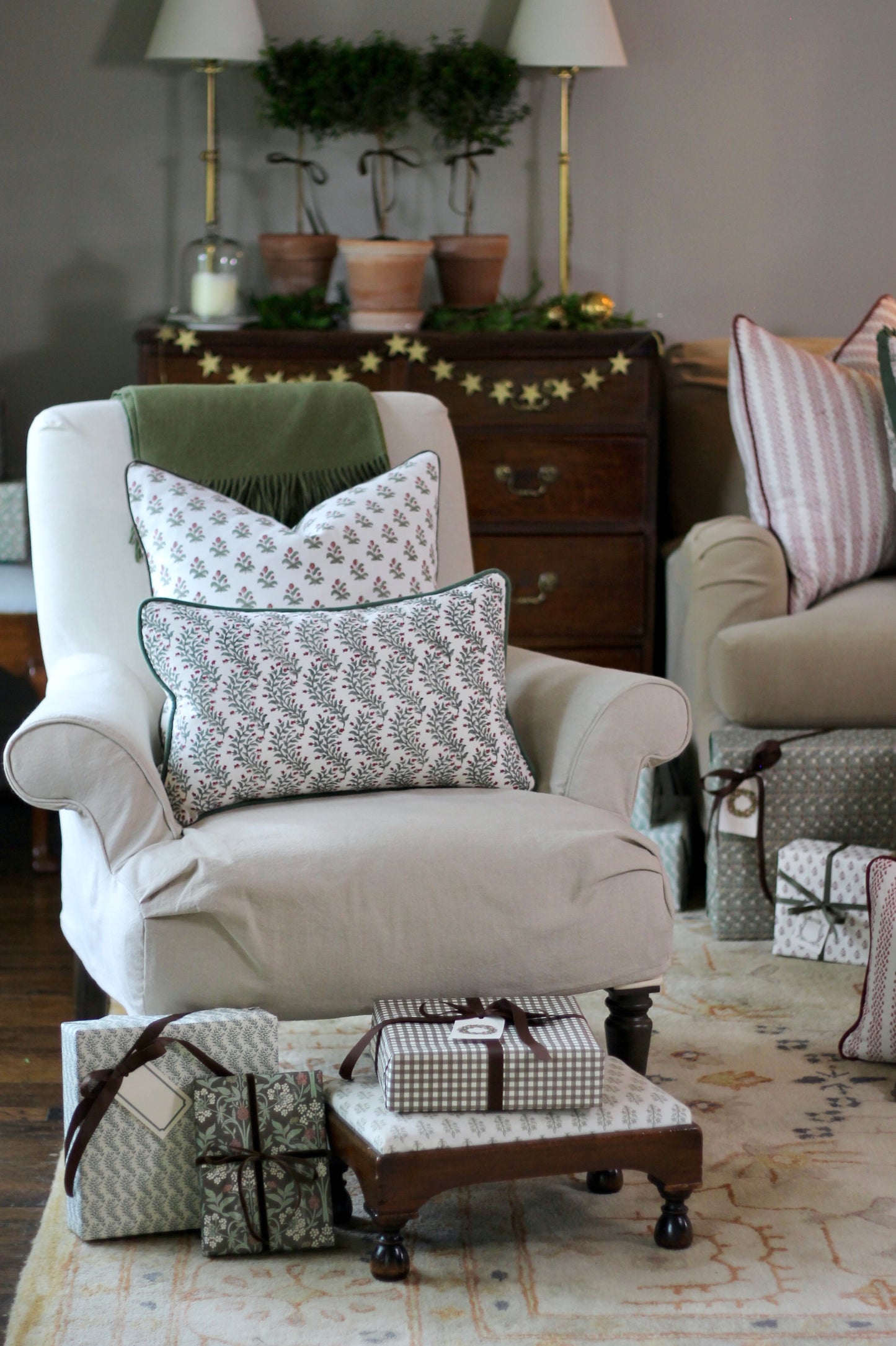 Garland in Rosewood Pillow Covers | Green Trim