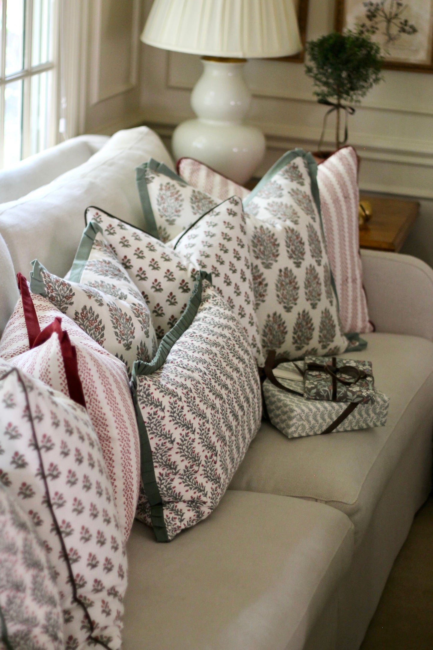 Garland in Rosewood Pillow Covers | Green Trim