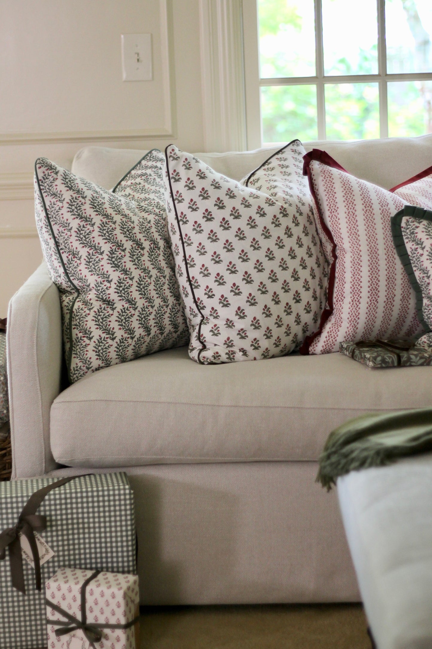 Garland in Rosewood Pillow Covers | Green Trim