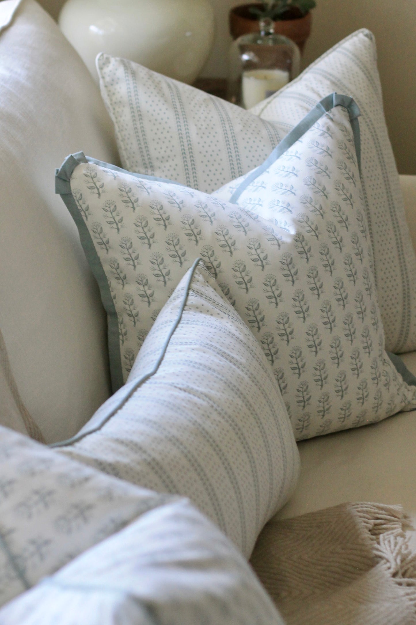 Dot & Leaf Ticking Pillow Covers in English Blue