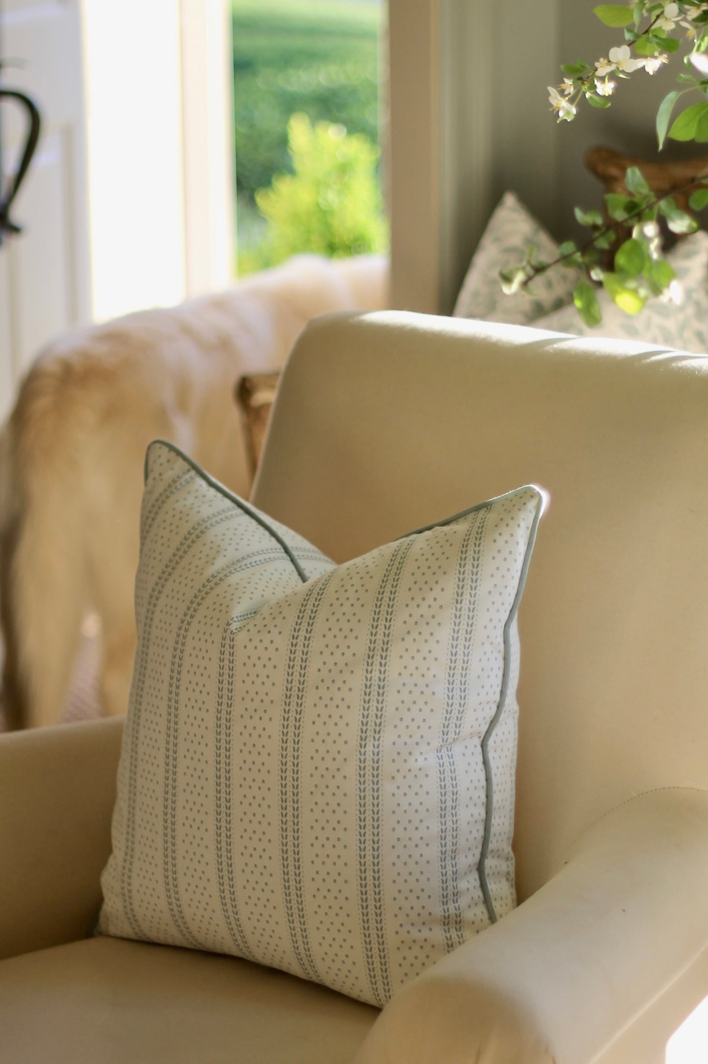 Dot & Leaf Ticking Pillow Covers in English Blue