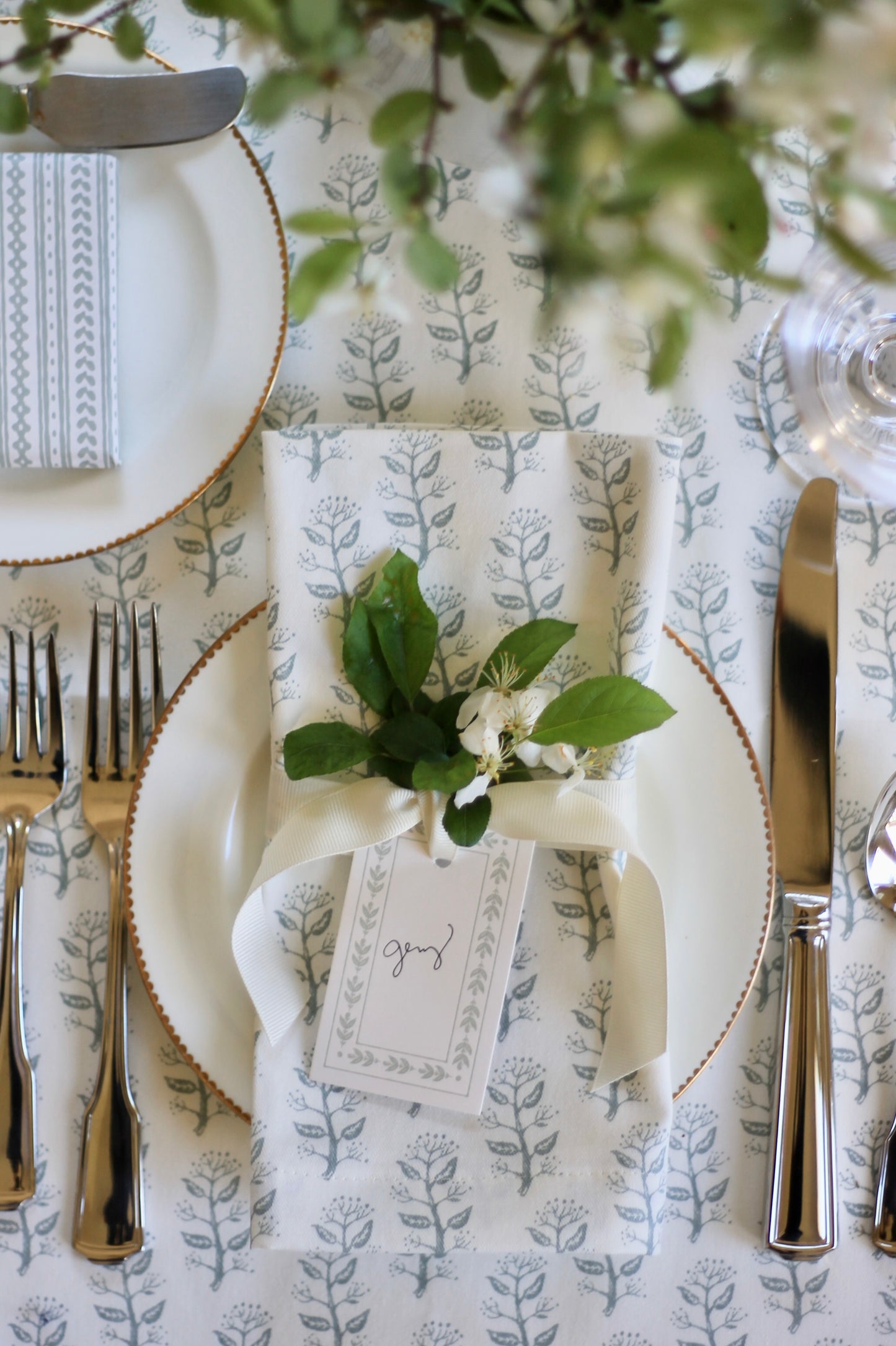 Privet Sprig in English Blue Napkins & Table Linens