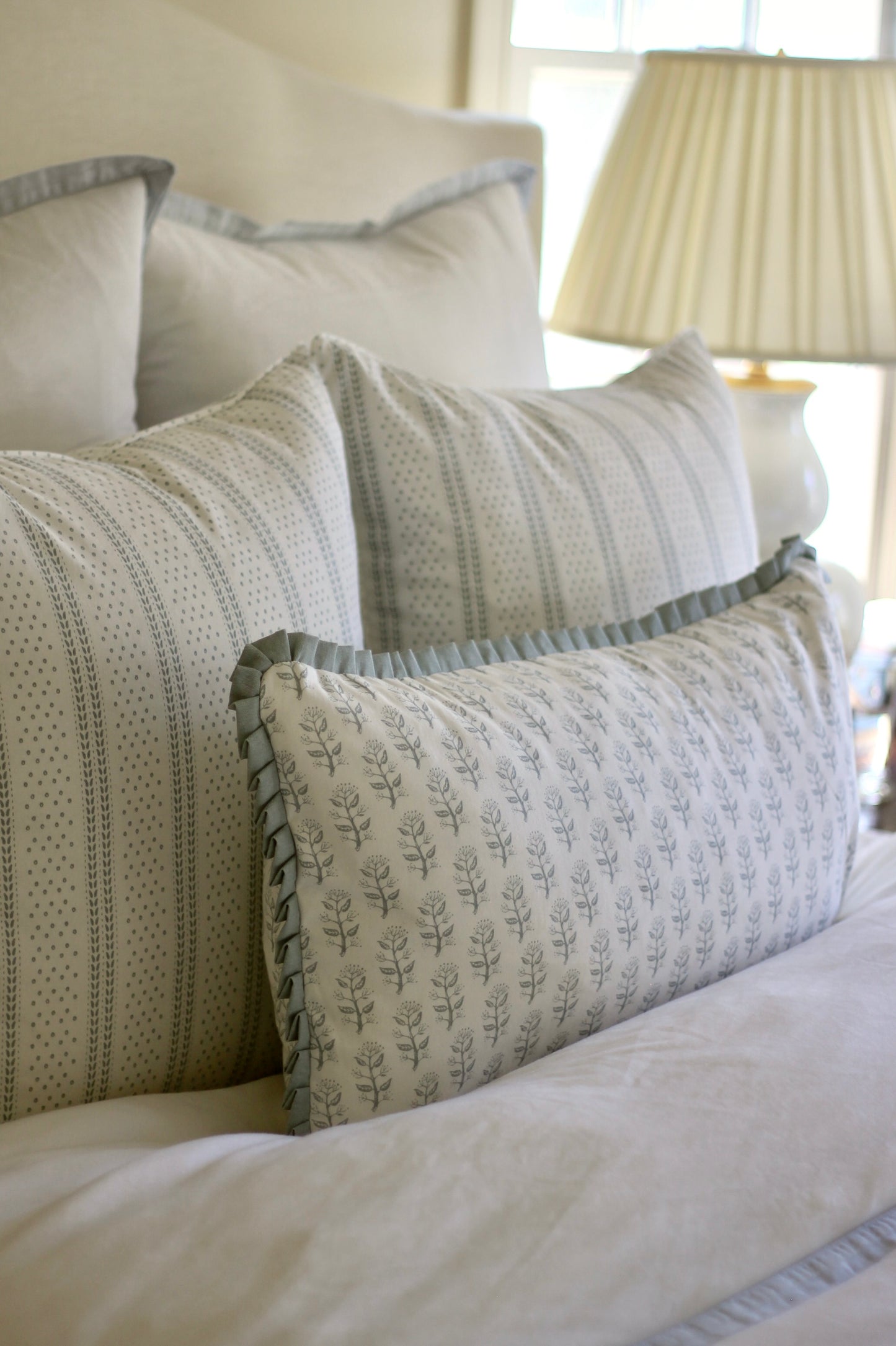 Dot & Leaf Ticking Pillow Covers in Seaglass