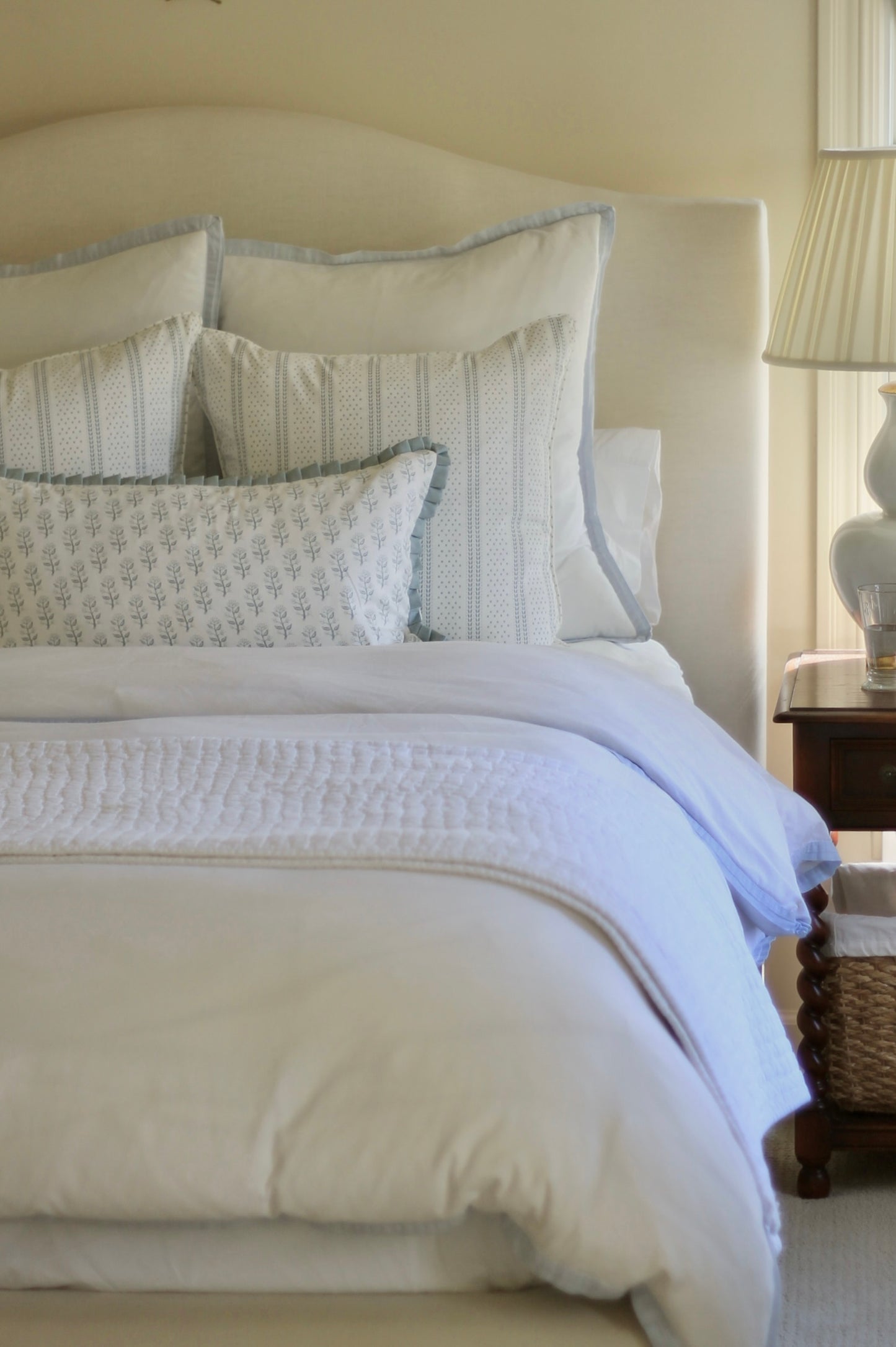 Dot & Leaf Ticking Pillow Covers in English Blue