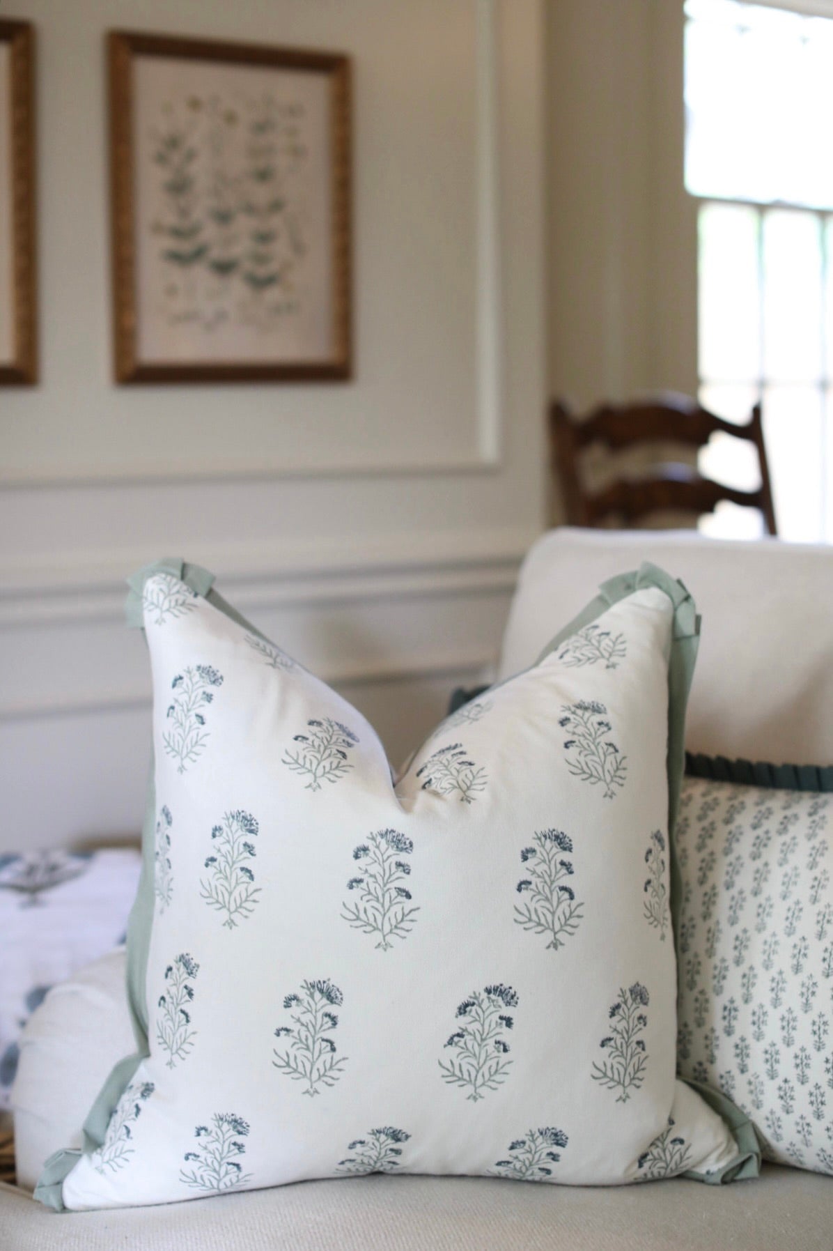 Charlotte in Blue Pillow Covers | Sage Trim