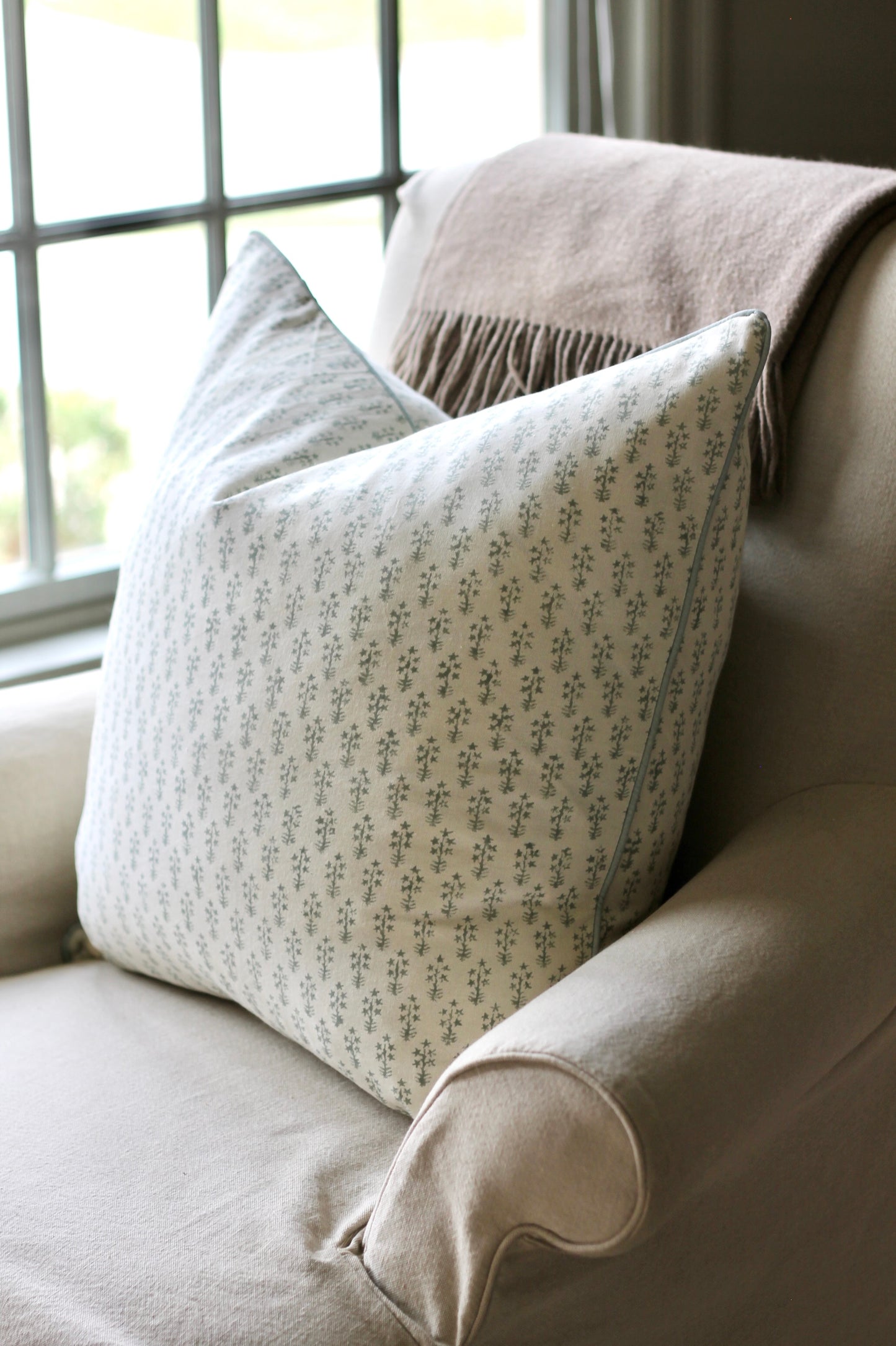 Emma in Slate Pillow Covers | Blue Trim