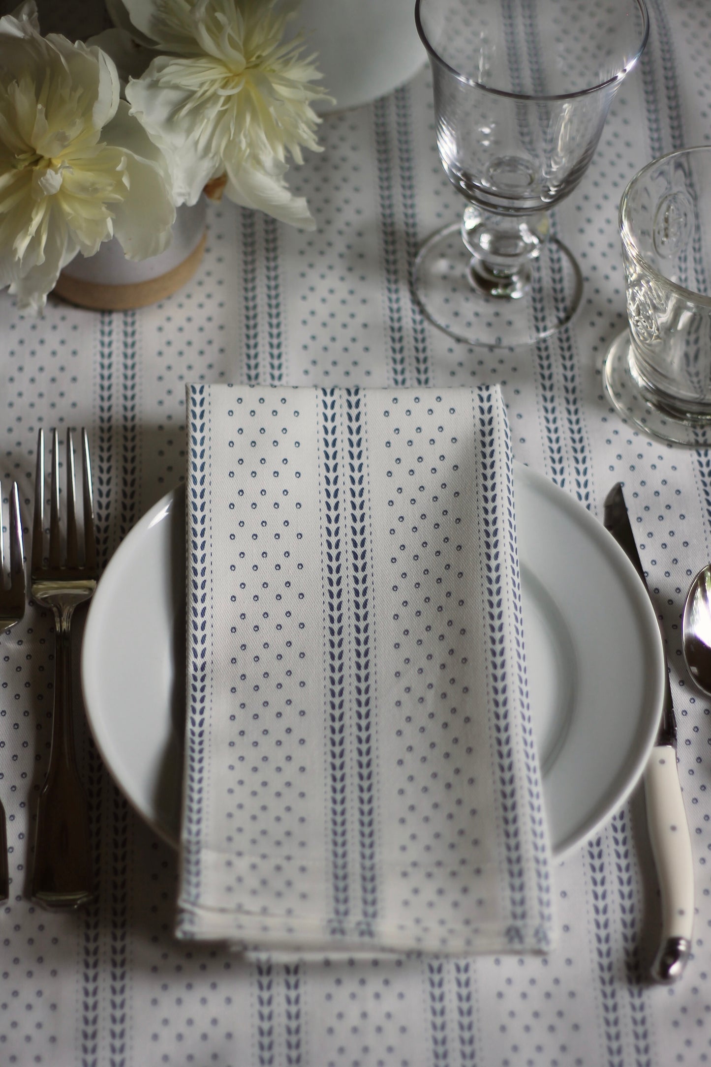 Dot & Leaf Ticking in Navy Napkins & Table Linens