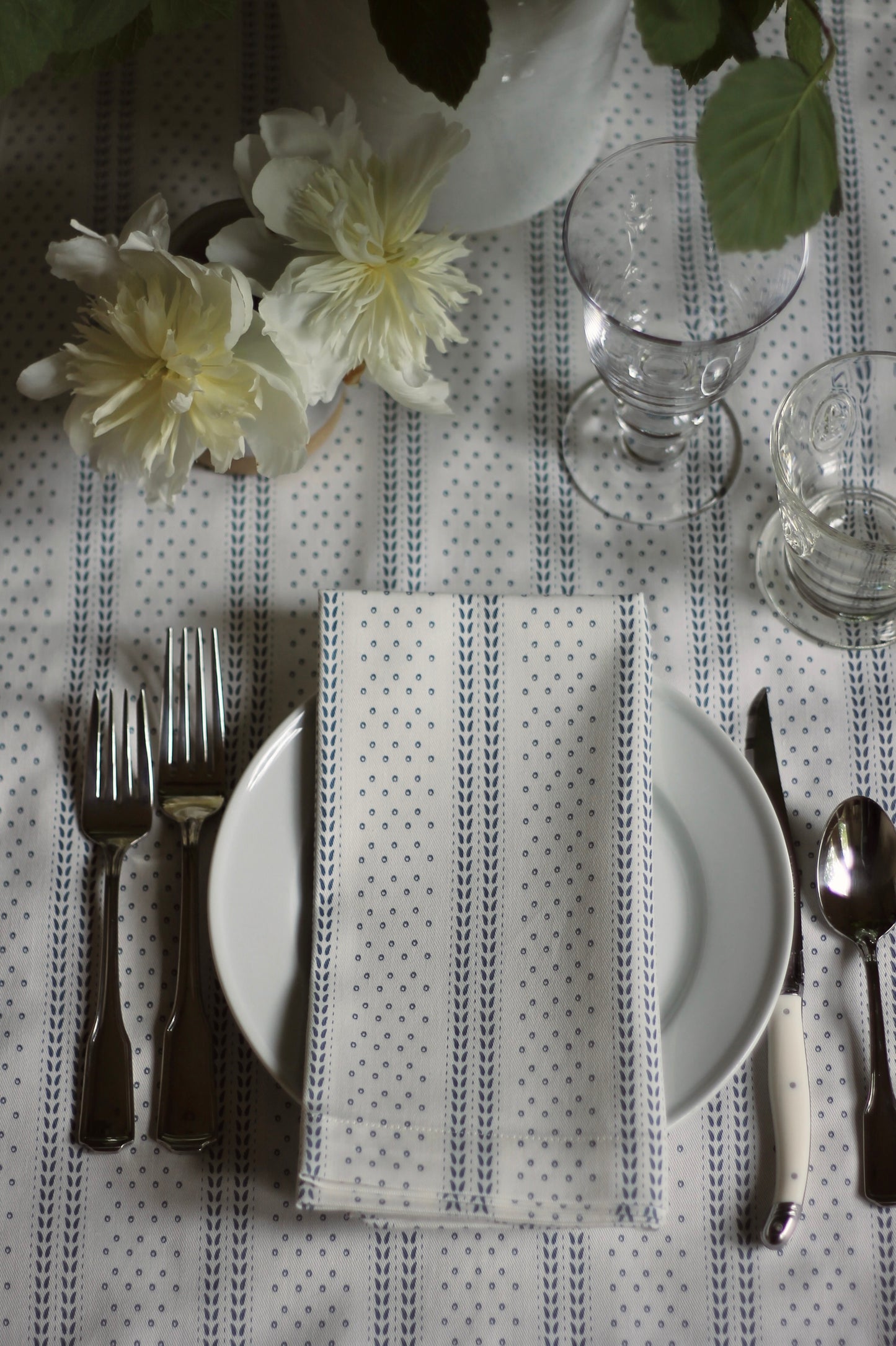 Dot & Leaf Ticking in Navy Napkins & Table Linens