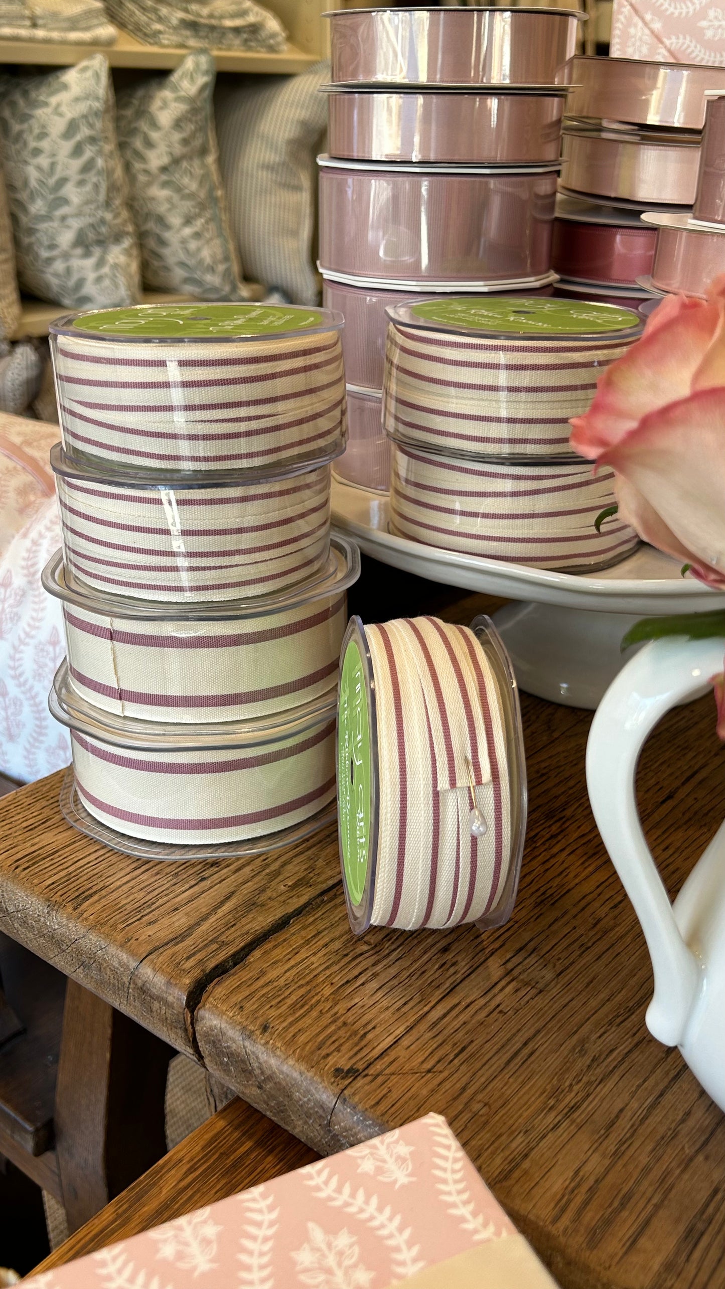 Cotton Striped Ribbon - Wood Rose