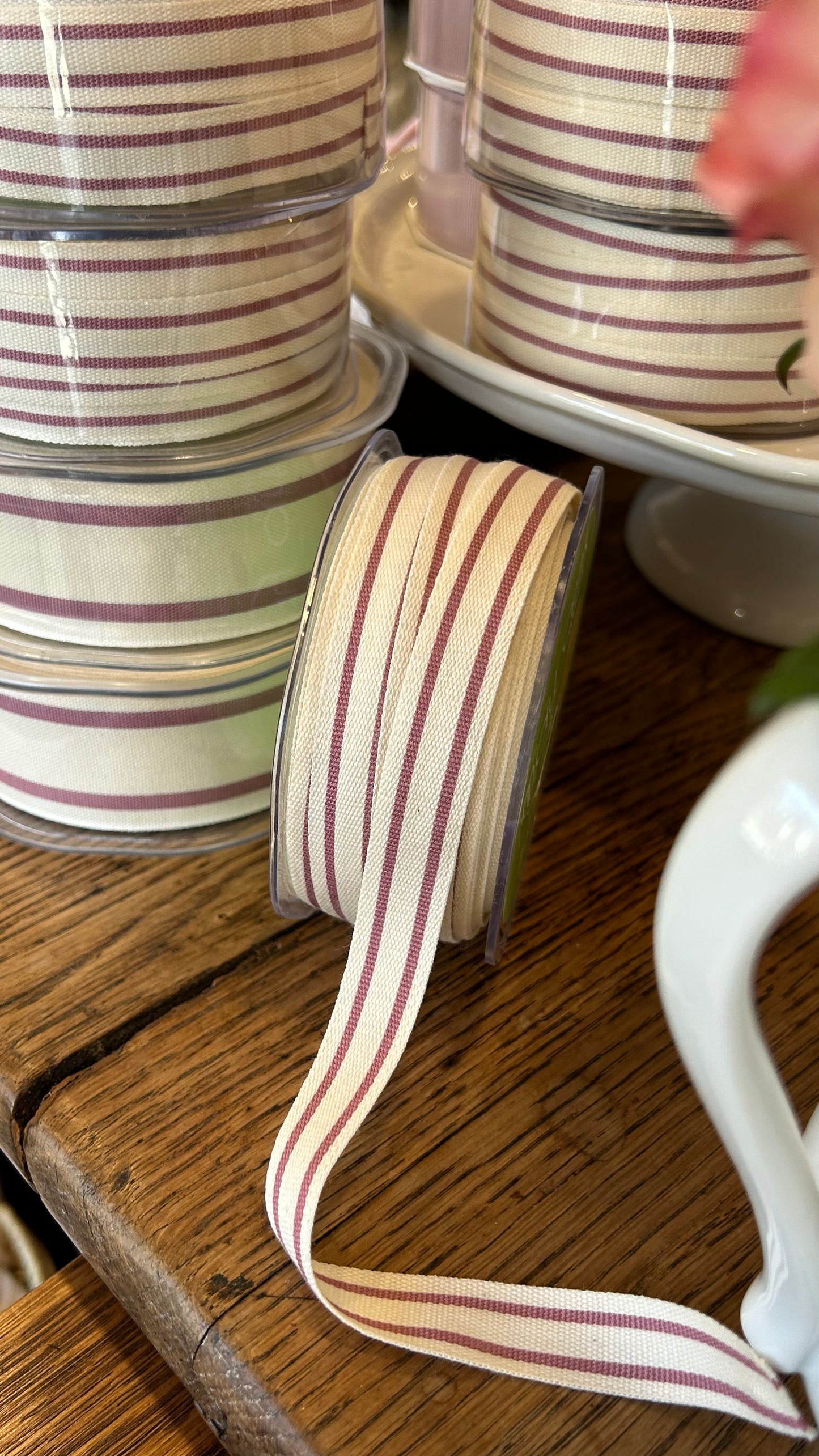 Cotton Striped Ribbon - Wood Rose