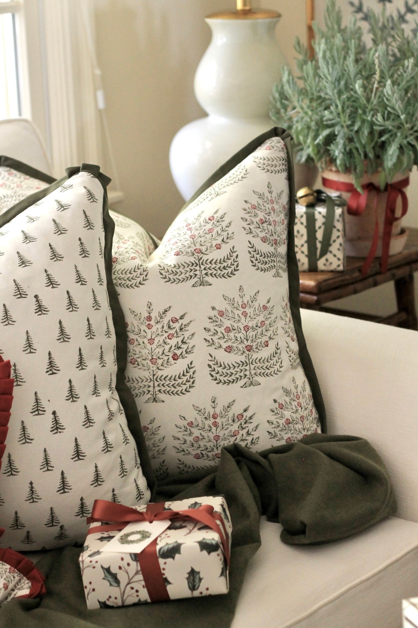 Holiday Hannah Pillow Covers | Moss Trim