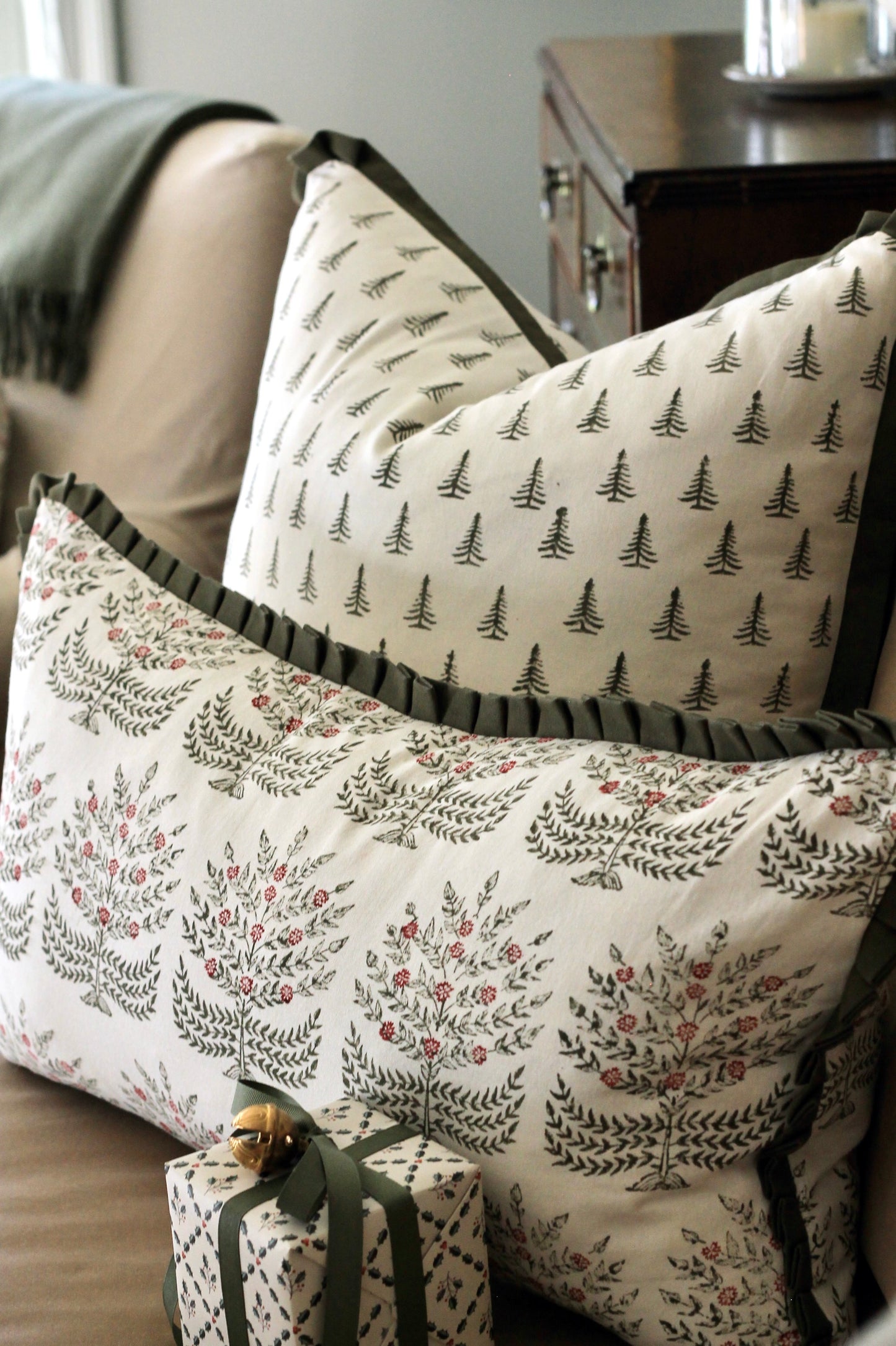 Holiday Hannah Pillow Covers | Moss Trim