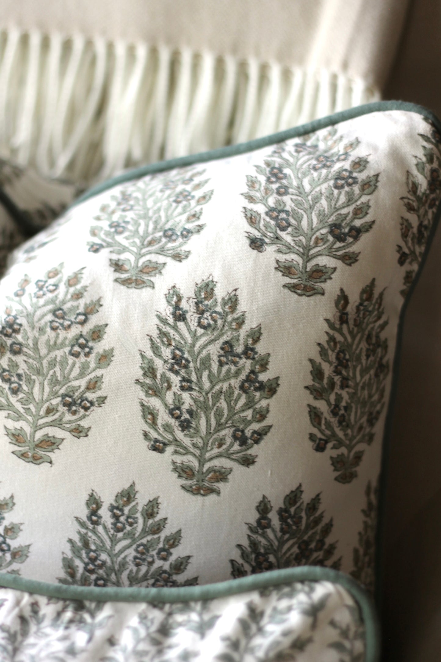 Hydrangea in Slate Pillow Covers with Green Piping | 3 sizes