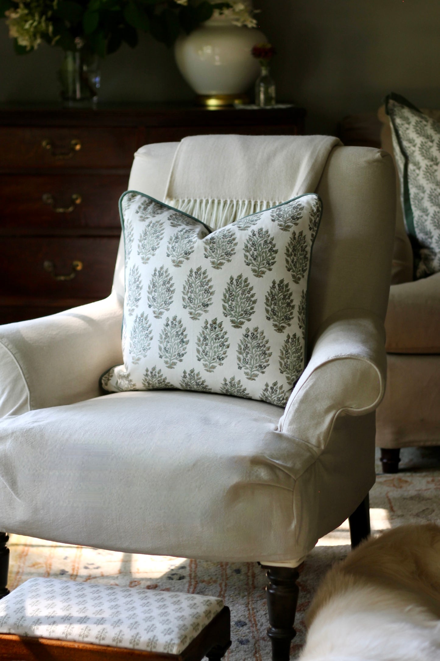 Hydrangea in Slate Pillow Covers with Green Piping | 3 sizes