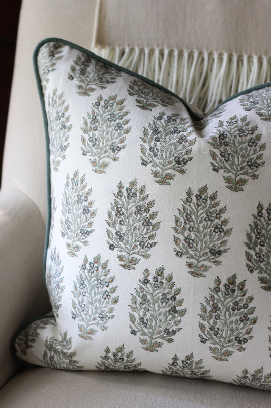 Hydrangea in Slate Pillow Covers with Spruce Trim | 3 sizes