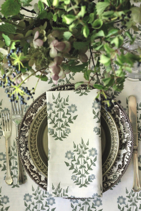 Mae in English Blue and Spruce Table Linens