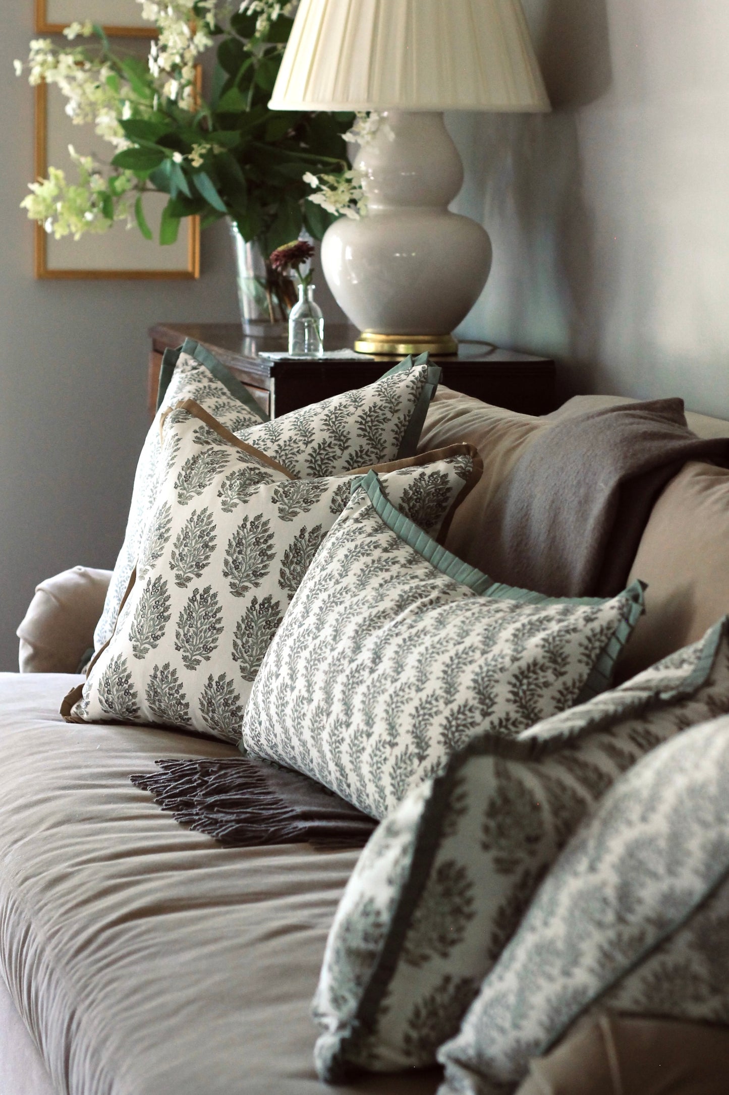 Hydrangea in Slate Pillow Covers with Gold Trim | 3 sizes