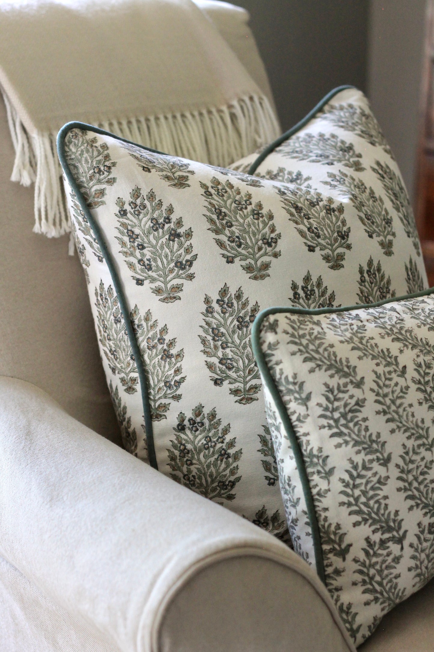 Hydrangea in Slate Pillow Covers with Green Piping | 3 sizes