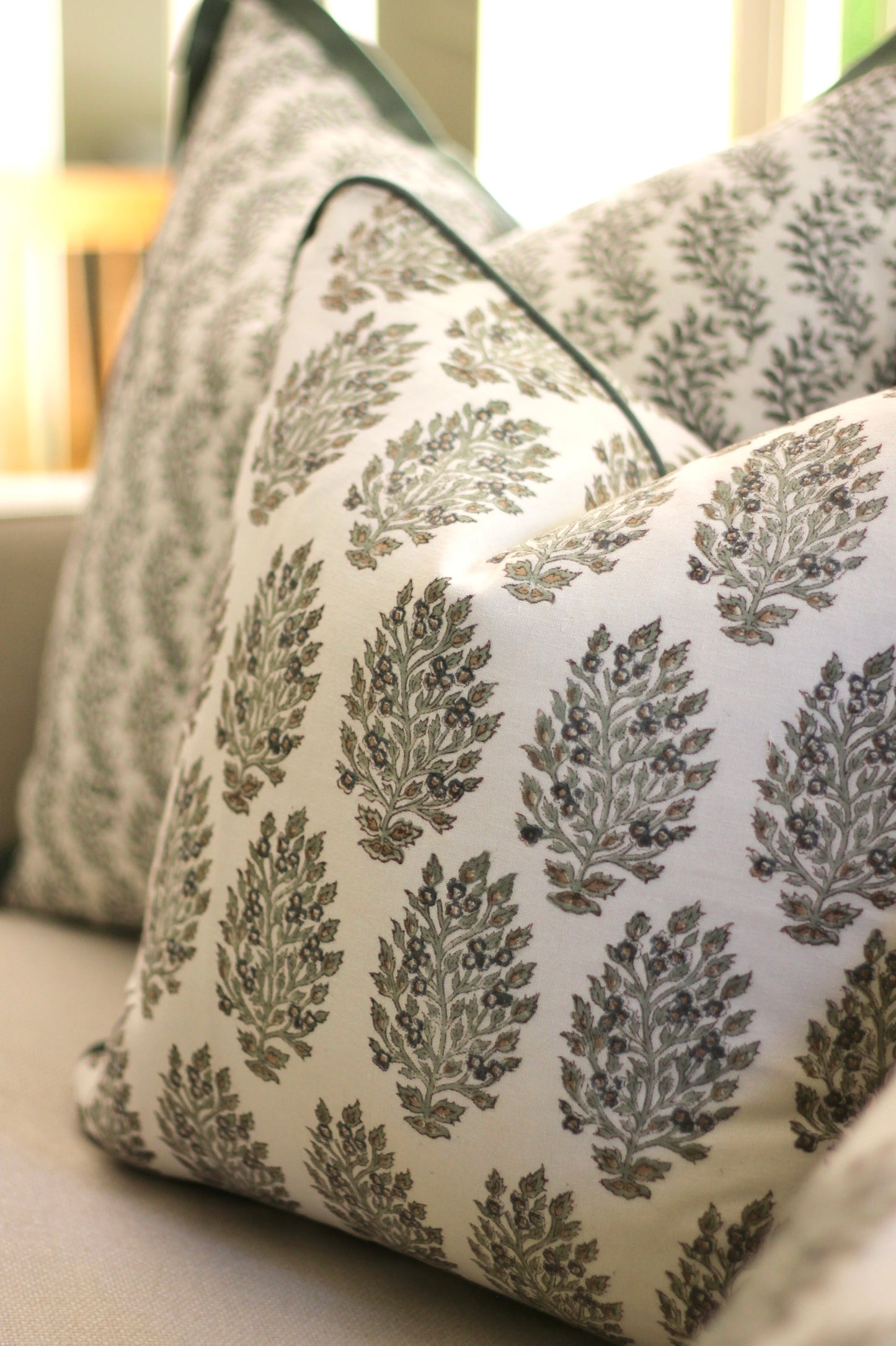 Hydrangea in Slate Pillow Covers with Green Piping | 3 sizes